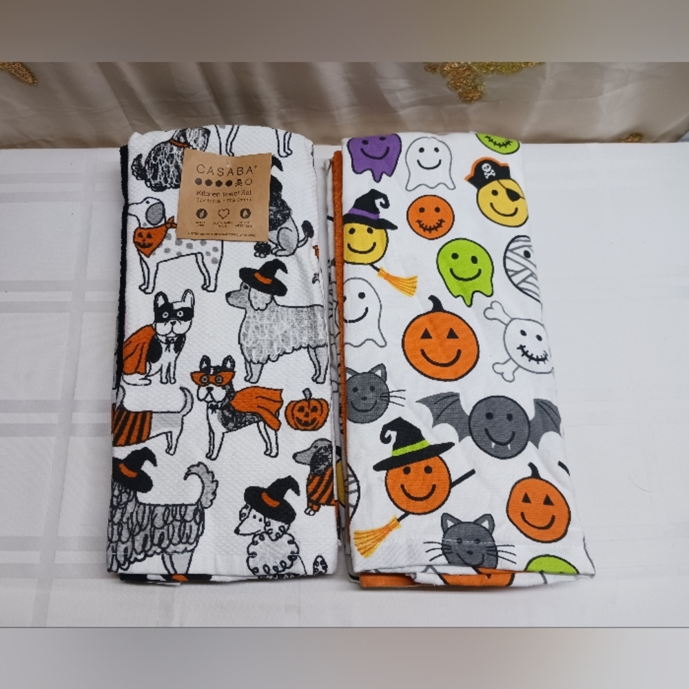 Lot Of 2-Sets Casaba Kitchen Towel Sets/Dog Costumes Halloween